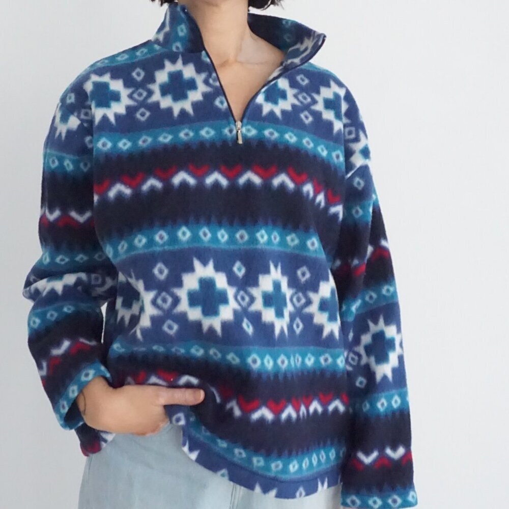 Vintage Trends Basics Blue Southwest Aztec Geometric Western Quarter Zip Sweater
